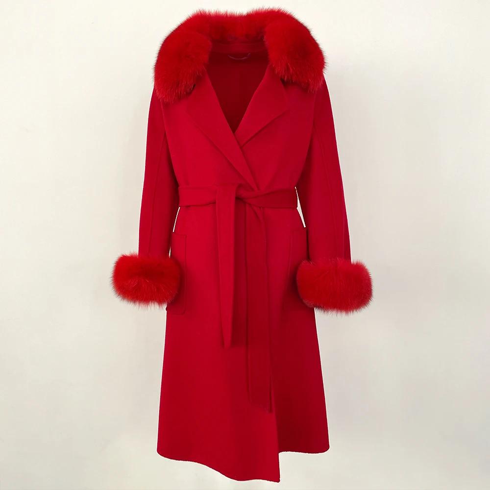 Woman Trend 2024 Autumn Winter 100% Double-sided Wool Coat Ladies Real Fox Fur Collar Detachable Long Coat