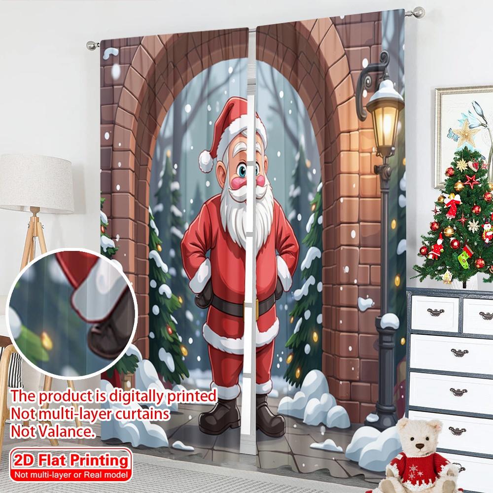 2pcs 2D Flat Printing Merry Christmas Drapes Santa Claus Winter Snow Forest Fabric Without Electricity Birthday Party Use for