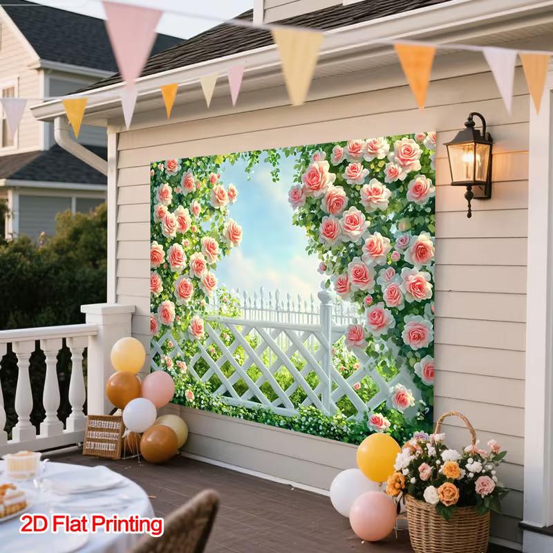 2D Romantic Rose Arbor Tapestry, Blooming Roses with White Picket Fence