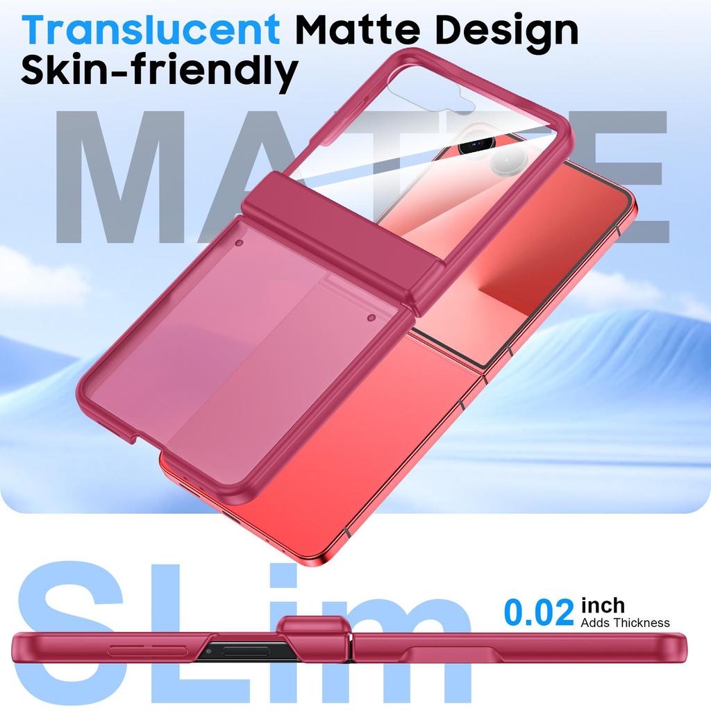 Translucent Matte Protective Case with Tempered Glass Screen Protector for Samsung Galaxy Z Flip 7, Hinge Protection Slim Cover-Rose Red