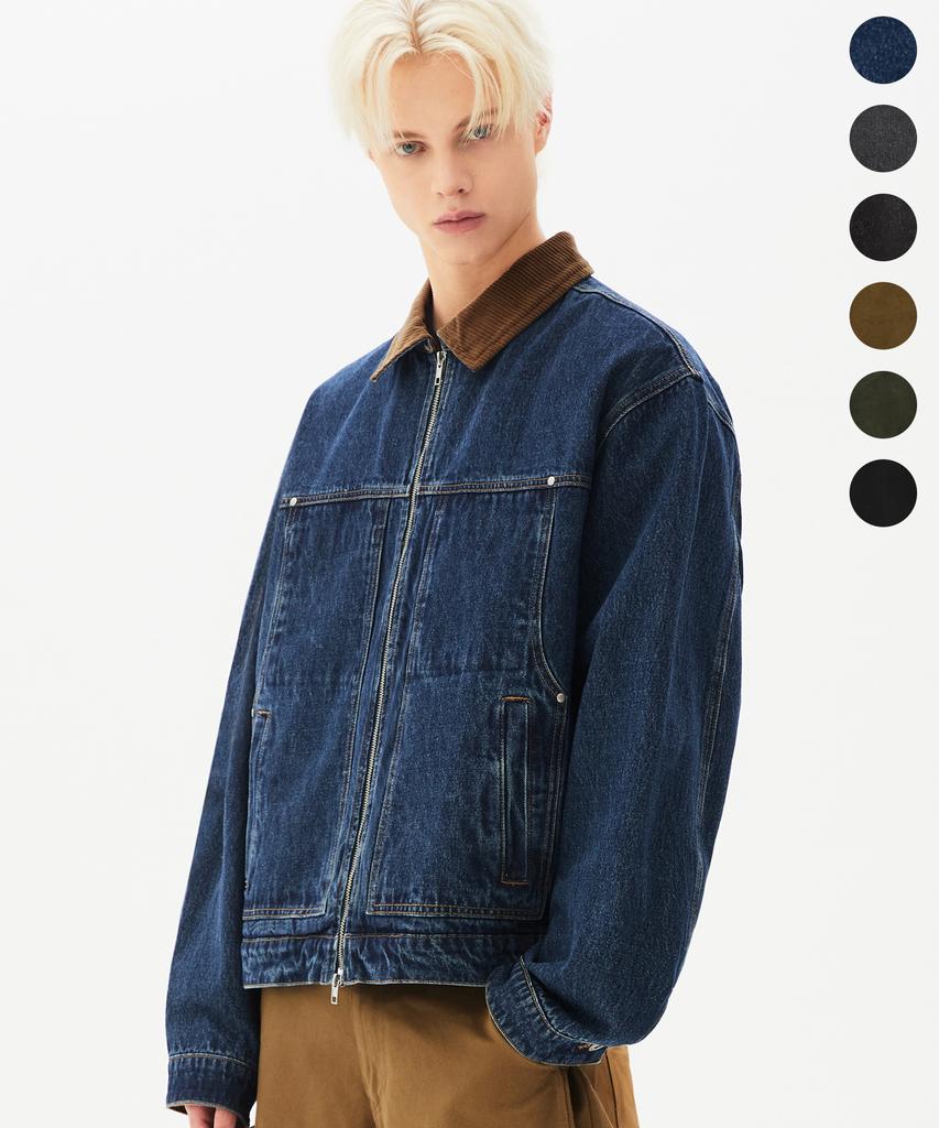 TRILLION Corduroy Collar Denim Zip-Up Work Jacket_6 Colors