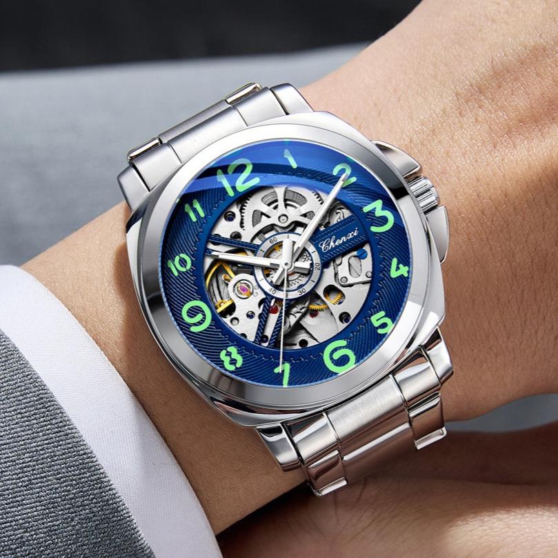 Men Automatic Skeleton Watch Large Dial Mechanical Luminous Fashion Wristwatch