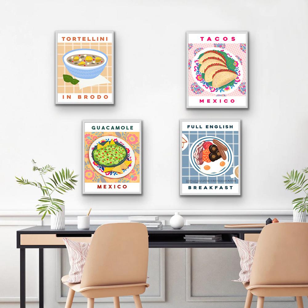 English Breakfast Retro Druck Kitchen Decor Food Art Wall Canvas Painting Room Home Decor Vintage Guacamole Tacos Modern Poster