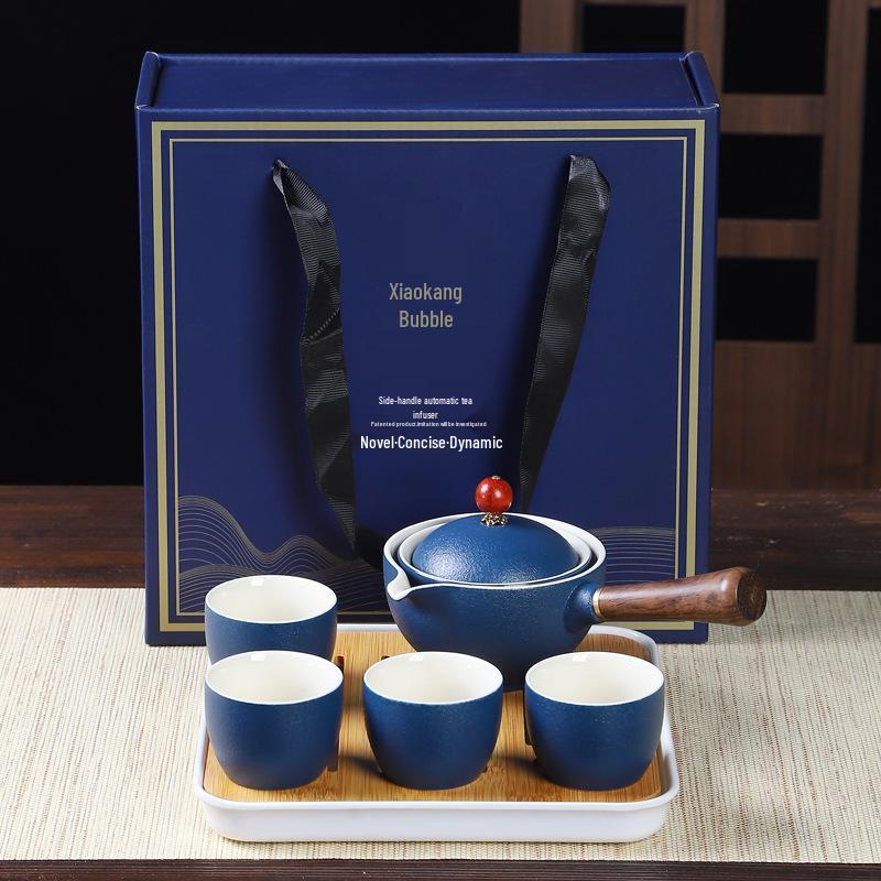 Portable Ceramic Kung Fu Tea Set with Bag – Includes One Pot, Four Cups, and Side Handle for Outdoor or Car Use