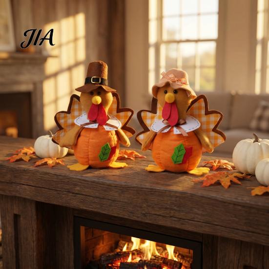Pilgrim Couple Dolls Thanksgiving Plush Turkey Doll, Stuffed Animal Figurine, Autumn Rustic Country Style Decor Harvest Tabletop Decoration