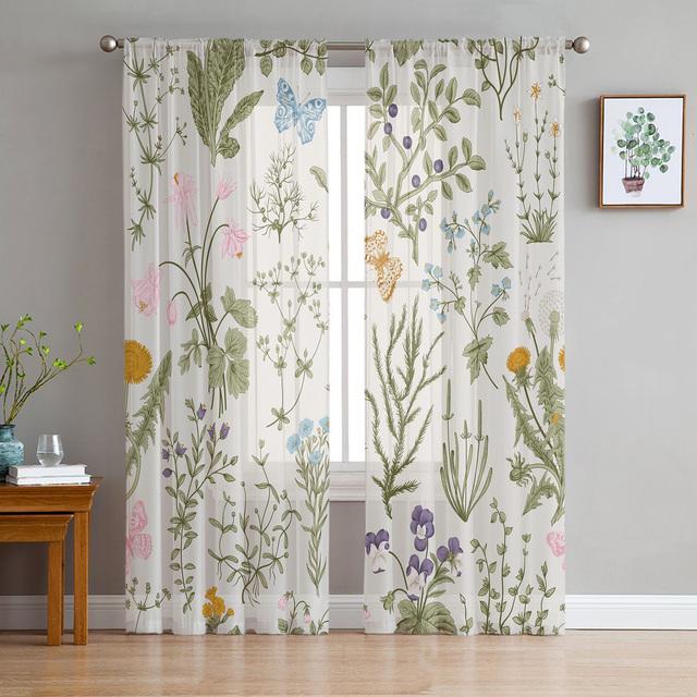 Herbal Flowers Spring Floral Sheer Voile Curtains For Living Room Bedroom Kitchen Festival Decor Chiffon Tulle Window Curtains