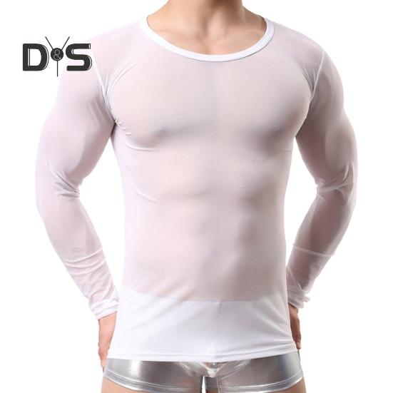 

Мужской сетчатый топ, ультратонкая прозрачная футболка с круглым вырезом и длинными рукавами, однотонная эластичная облегающая вечерняя домашняя одежда для танцев, футболка для выступлений M белый