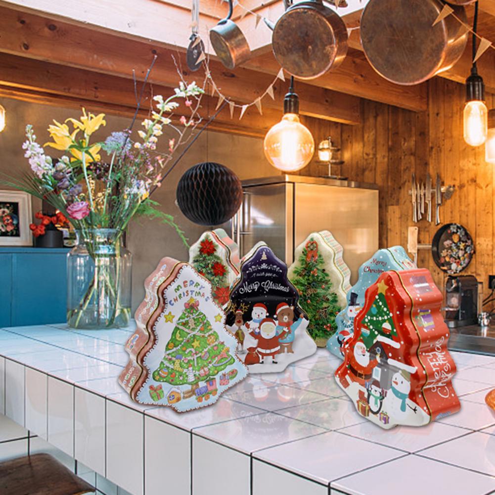 Christmas Santa Claus Print Gift Can Metal Christmas Tree-shaped Candy Tin Box Cookie Can Candy Organizer Xmas Decor