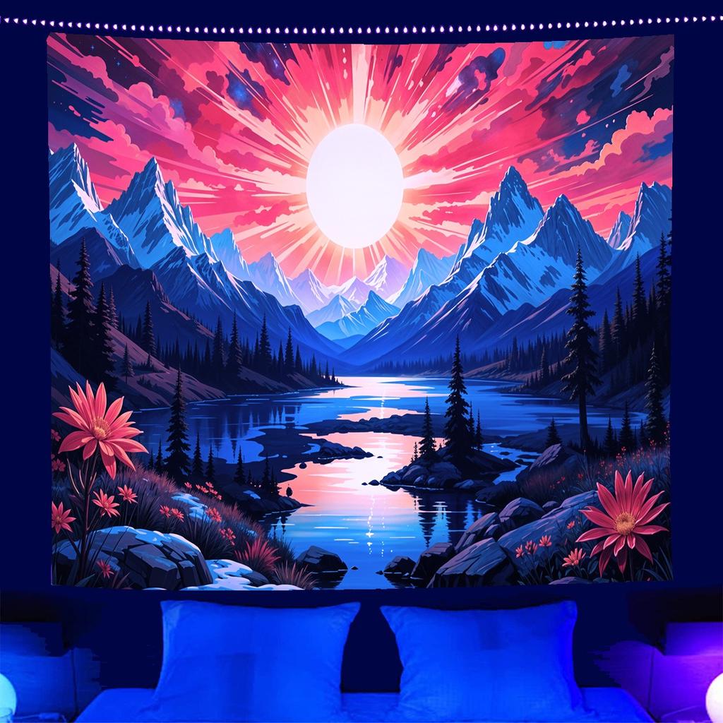 Fantasy Treehouse Blacklight Tapestry UV Reactive Forest River 2D Flat Printed Peach Skin Wall Hanging Party Backdrop Room Decor