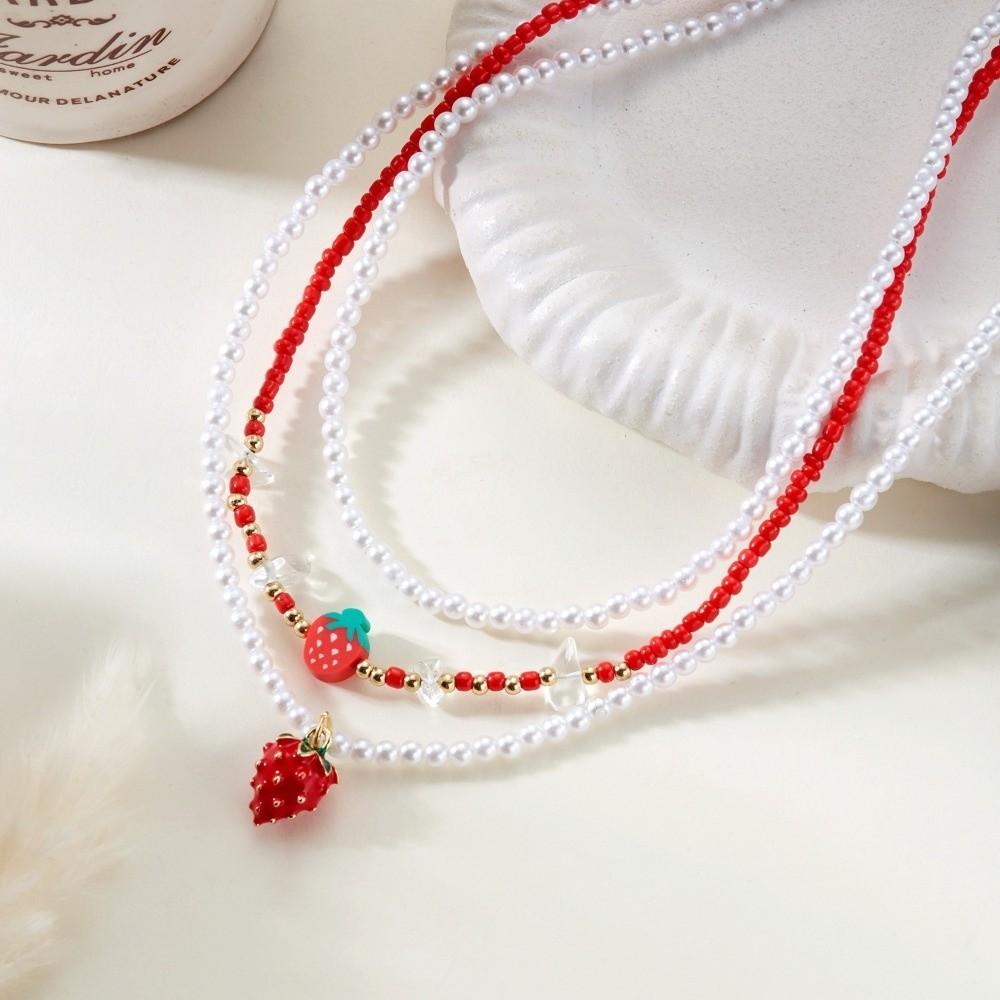 Red Fruit Pearl Beaded Necklace Multi-layer Strawberry Necklace Trendy Cherry Beads Necklace Women