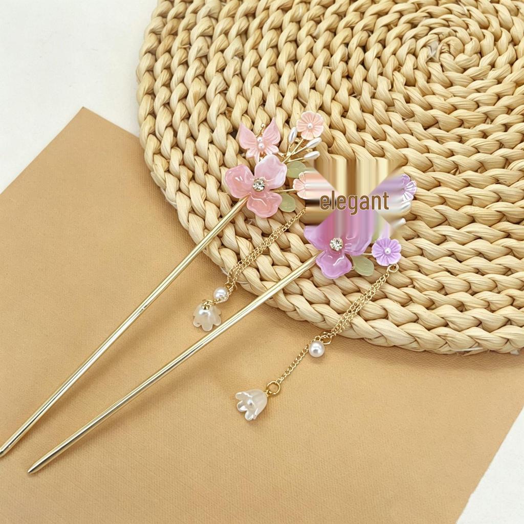 Three-Flower Butterfly Updo Hairpin – Elegant Women's Ancient Style Xiuhe Hair Accessory