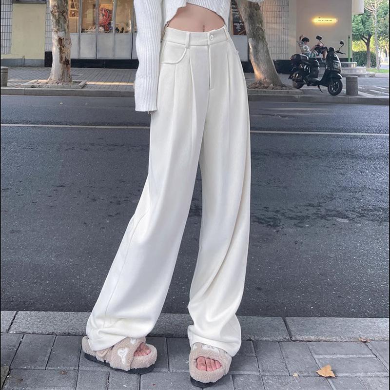 

Костюмные брюки с флисовой подкладкой и широкими штанинами для женщин, осенне-зимние брюки с высокой посадкой, драпированные вельветовые брюки большого размера прямого кроя для миниатюрных женщин 5XL абрикосовый