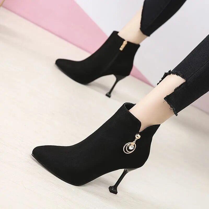 Black Pointed Toe Rhinestone Woman Short Shoes Autumn Winter Fleece-Lined Heeled Ankle Boots for Women New In Trend 2025 Booties