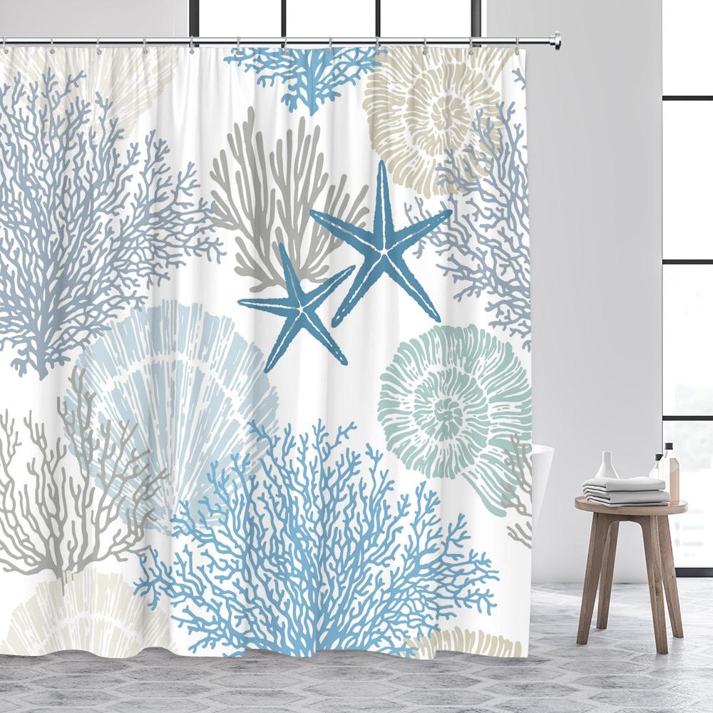 Ocean Sea Turtle Shower Curtain Seahorse Starfish Seagrass Fish Animals Underwater Scenery Fabric Bathroom Curtains Decor Set