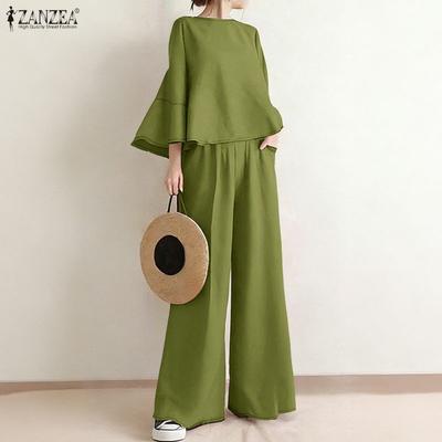 Set de costume casual din două piese pentru femei, cu bluză cu mânecă 3/4 și pantaloni cu picior larg