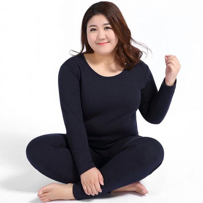 2 piezas Ropa interior térmica de cuello redondo cálida de color sólido de alta calidad talla grande calzoncillos largos conjuntos moldeadores para mujer M-10XL