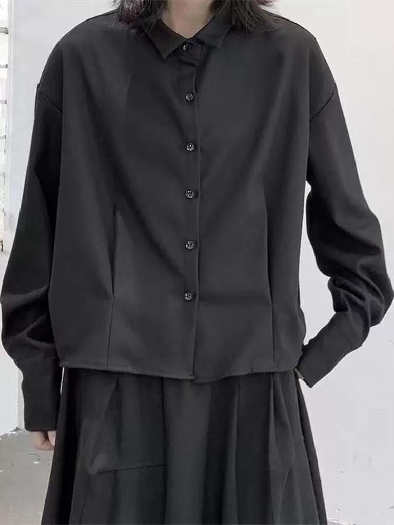 Women's Dark Style Pleated Wool Shirt: Slimming, Loose, Short, Long-Sleeved Japanese Design for Autumn & Winter