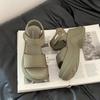 Versatile Heightening One-word Casual Wedge Sandals Women's Summer Fashion Thick-soled Round Head Velcro Roman Single Shoes