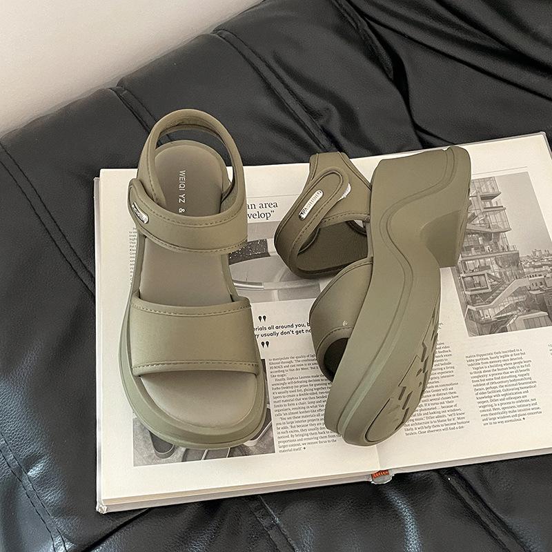 Versatile Heightening One-word Casual Wedge Sandals Women's Summer Fashion Thick-soled Round Head Velcro Roman Single Shoes