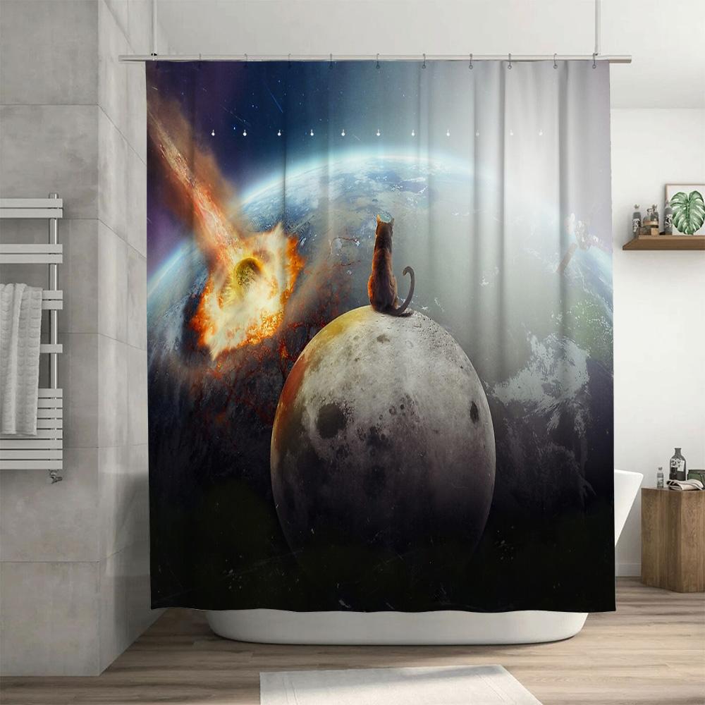 Galaxy Cat Space Bath Curtain Nebula Universe Home Decor Shower Curtain Moon Planet Room Divider Backdrop