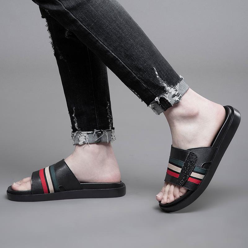 2805 Men'S Genuine Leather One-Word Slippers Summer Cowhide Open-Toed Foot Cover Flat-Bottomed Outdoor Casual Cool Slippers Sandals