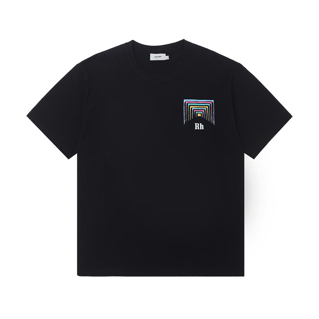 2023 Cross-border European and American Trendy Brand RHUDE Micro-standard Rainbow Square Circle Printed Short-sleeved T-shirt Men's and Women's High 