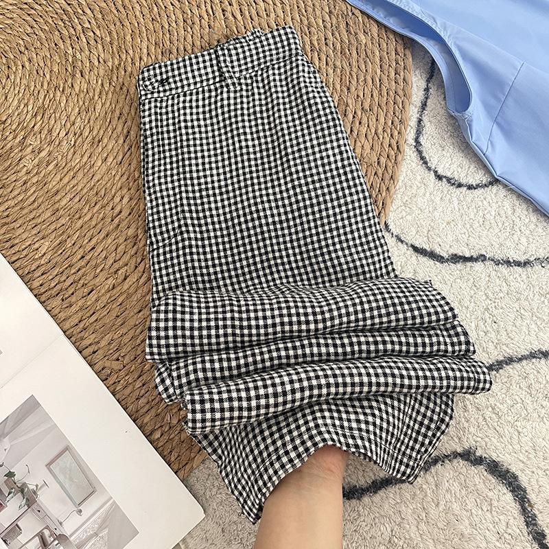 High-End Women's Plaid Cotton-Linen Pants, Summer 2025 Style, High-Waisted Slimming Straight-Leg, Versatile & Casual.