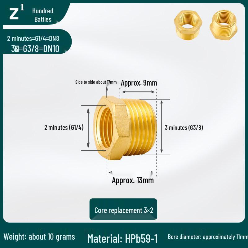 Threaded Core Pressure Reducing Gauge Fitting, Male 1/5'' to 2/5'' to 1/10'' Copper Connector, Core: 1/25'', 3/25'', 1'', 2''.
