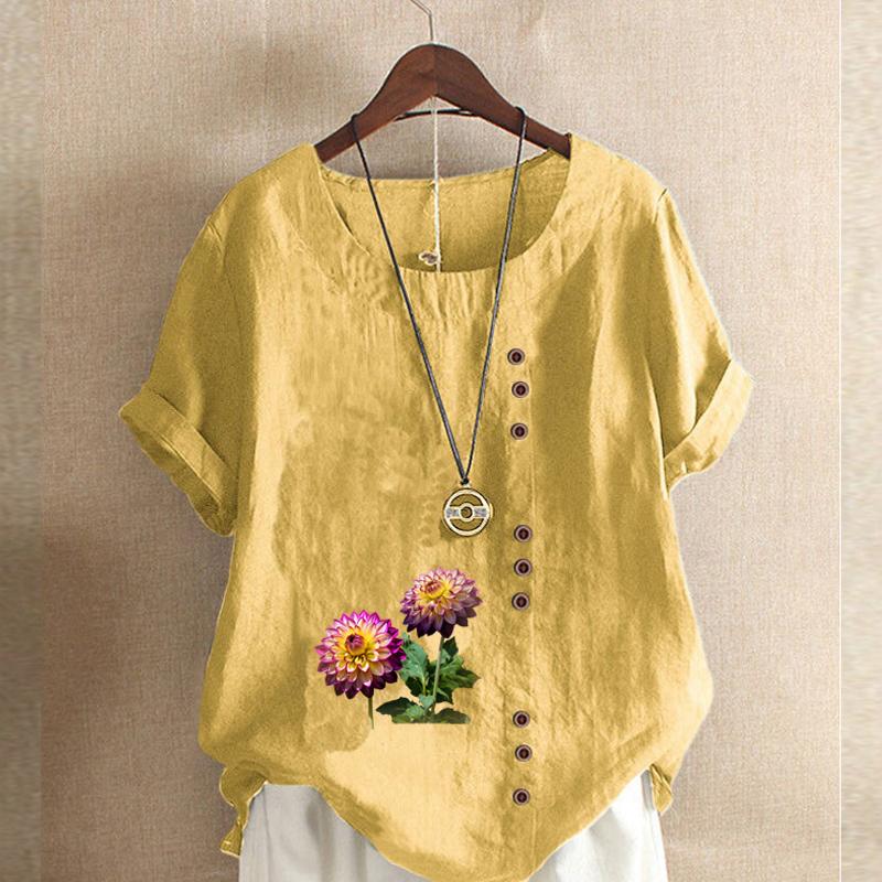 Damenmode Blumen bedrucktes Rundhals-Kurzarm-T-Shirt, lässiges Baumwoll-Leinen-Grafik-Shirt, Freizeit, lockere Sommerbluse, Tops