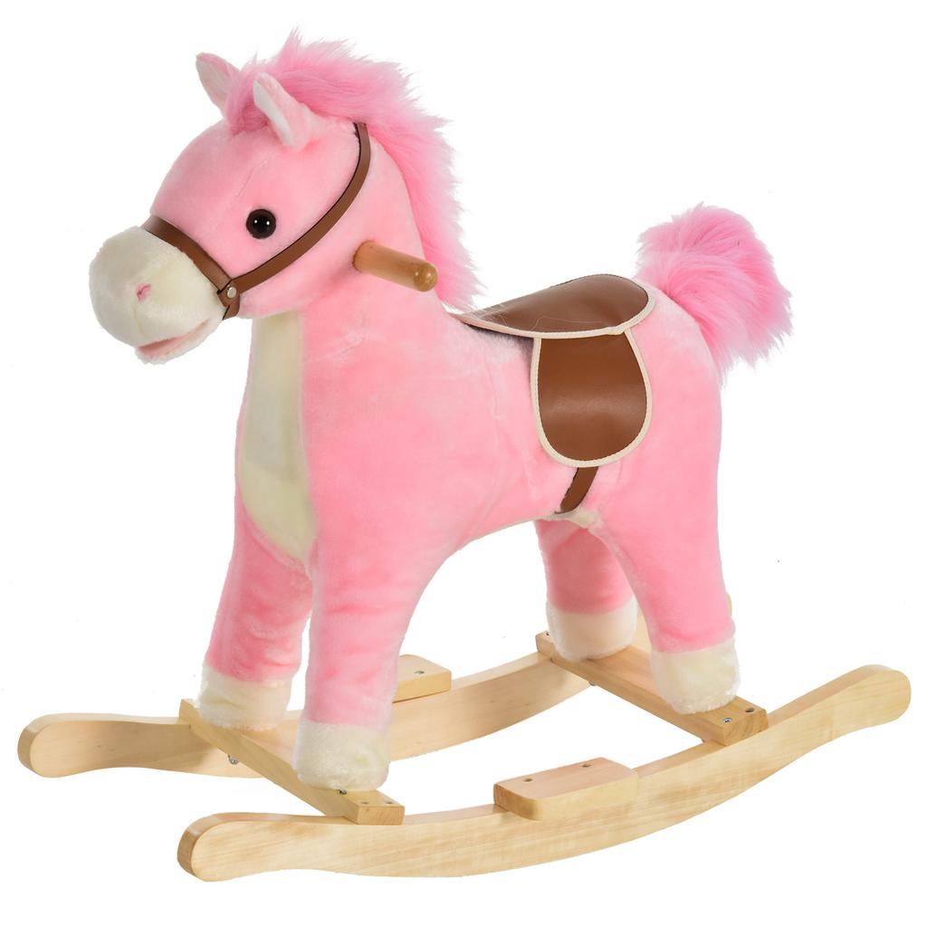 Kinder Schaukelpferd Baby Schaukeltier Pferd mit Tiergeräuschen Spielzeuggriffe für 36-72 Monate Plüsch Rosa 65 x 32,5 x 61 cm