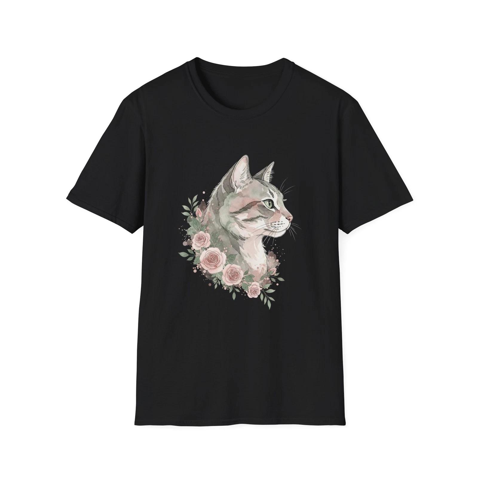 Cat Floral Watercolor Boho Black Tee Nature Aesthetic T-Shirt L