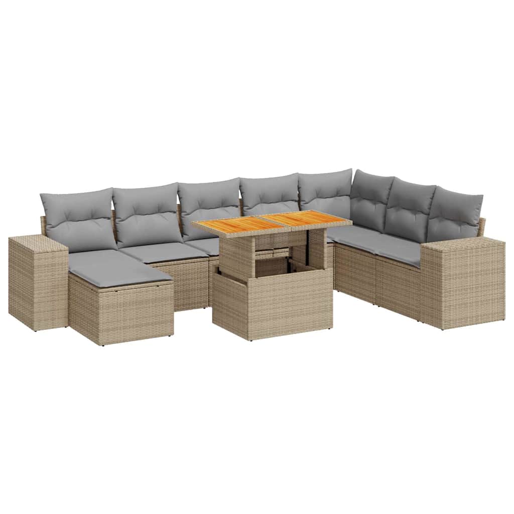 Vidaxl 9-Cz. Furniture Set With Cushions, Grey, Poly Rattan and Acacia