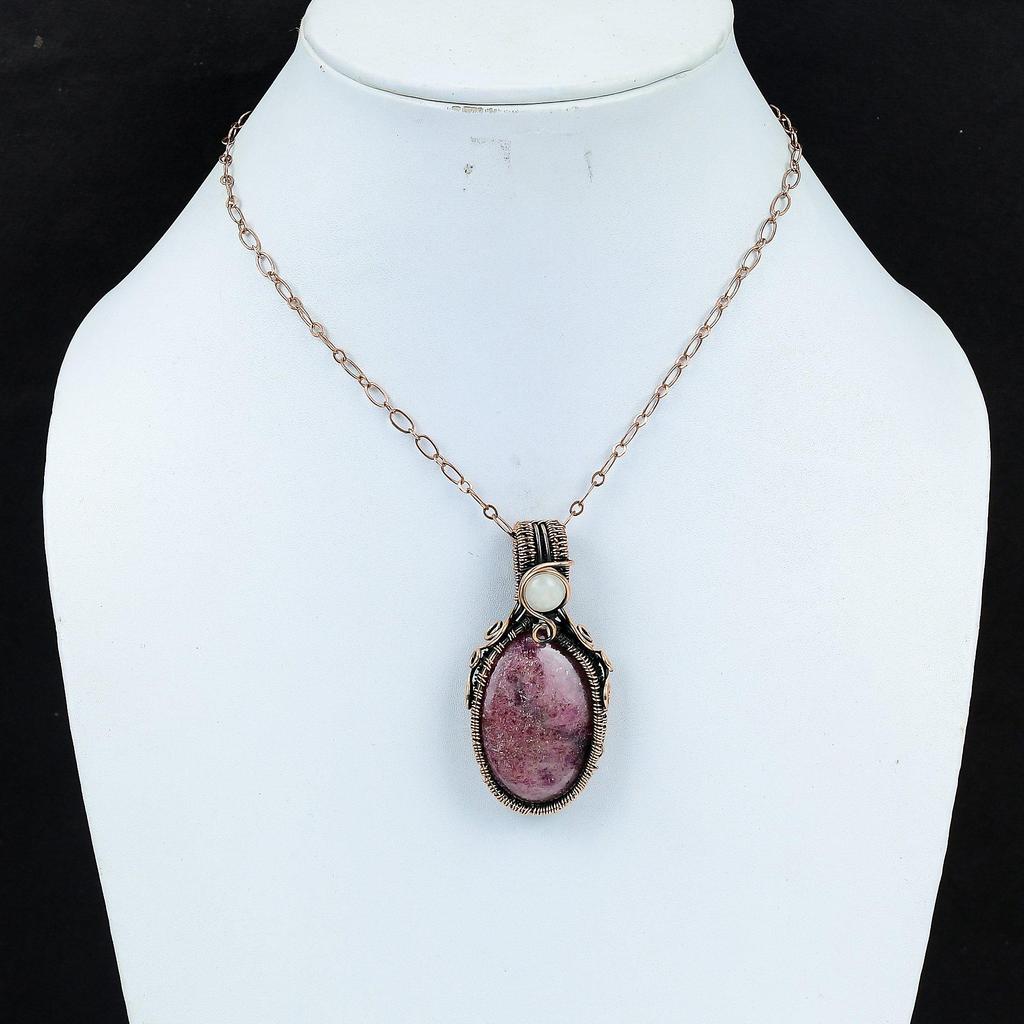 Rhodonite & Moonstone Gemstone Handmade Pure Copper Wire Wrap Jewelry Pendant