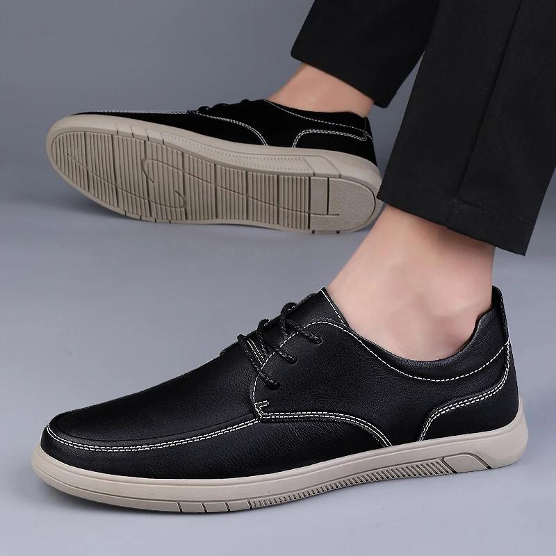 Fashion Genuine Leather Casual Shoes Men Lace Up Oxfords All-match Outdoor Walking Shoes Lightweight Skate Shoes Men Flats Mens Sneakers