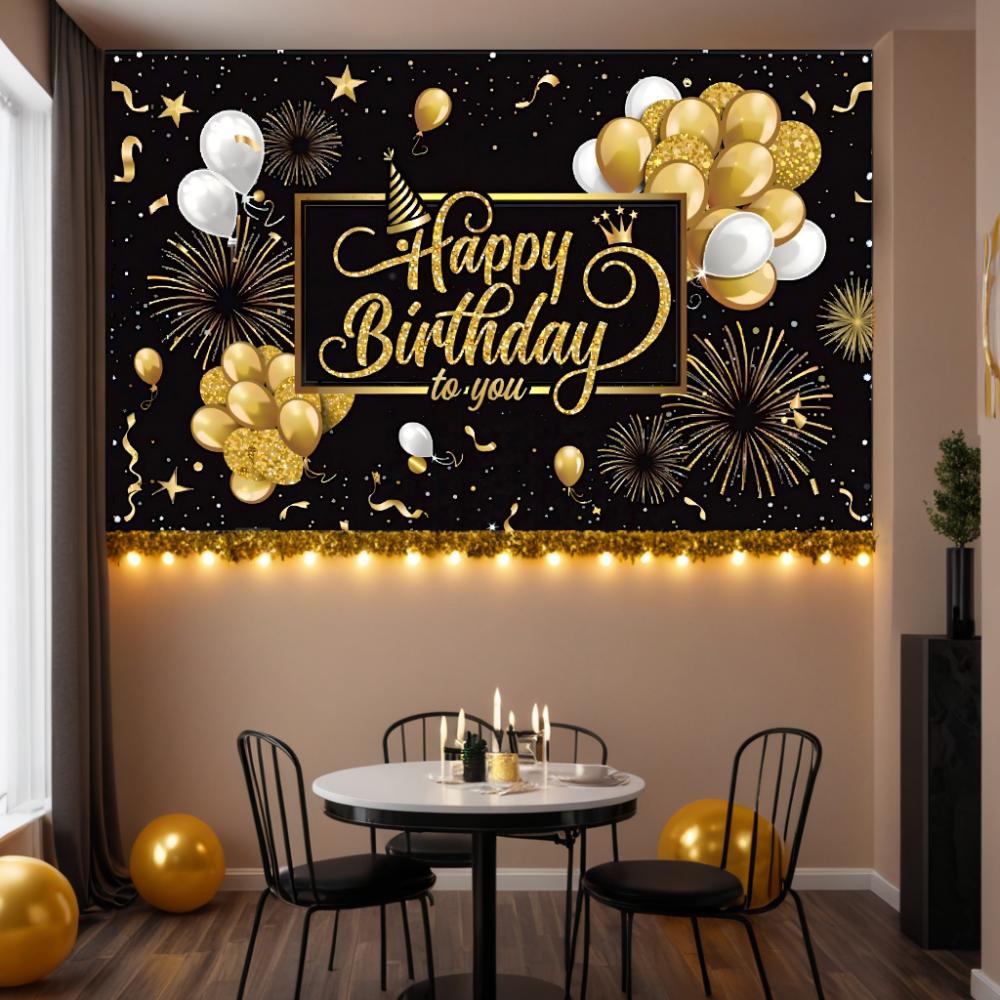 Fundal Negru Auriu La Mulți Ani 180*110cm Decor Banner Petrecere de Ziua de Naștere Fundal Pânză Agățată Nou