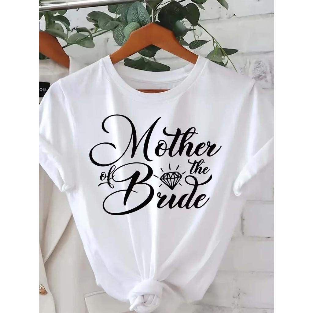 Women' Plus Size Mother of The Bride T-Shirt - Elegant Wedding Top Suitable for Bridal Showers, Slogan Print Crew Neck Blouse