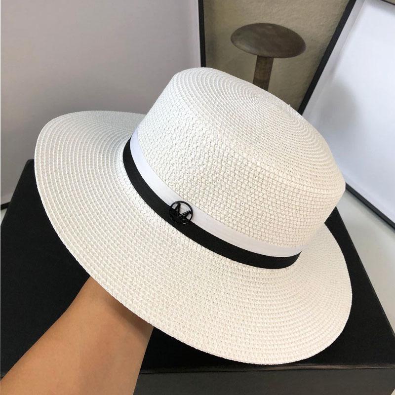 White Straw Hat Women's Flat-top Sun Hat, Letter Elegant Top Hat Women's British Seaside Vacation Sun Hat, Child Tide