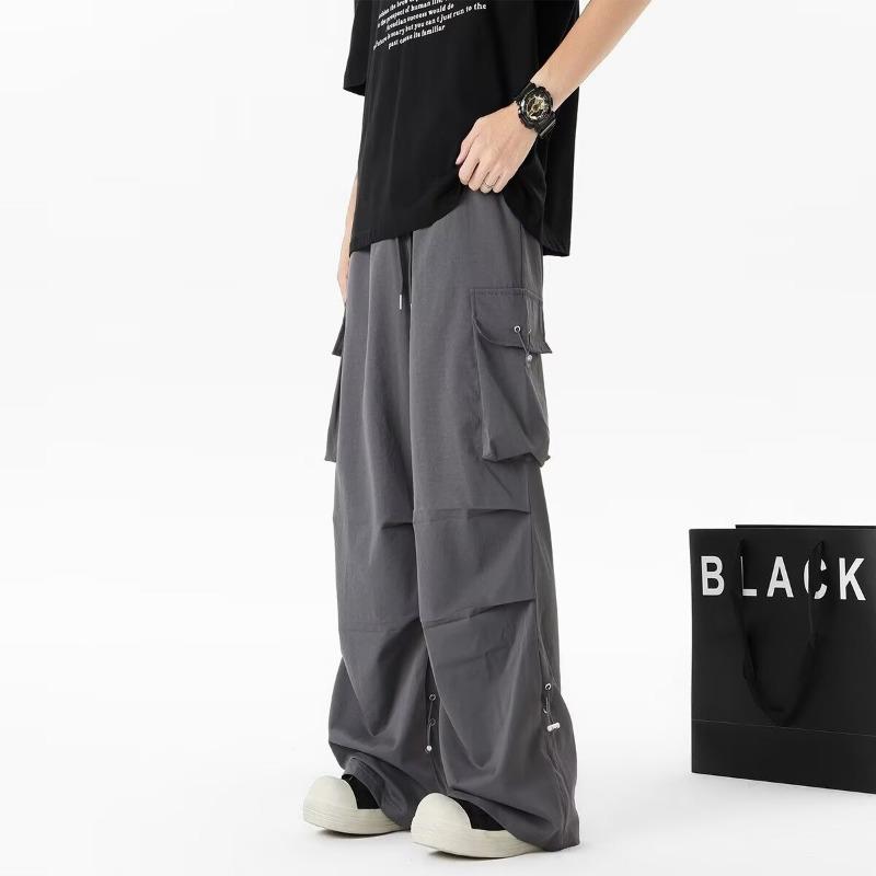 

Men s Solid Gray Elastic Waist Drawstring Wide Leg Cargo Parachute Pants M чёрный