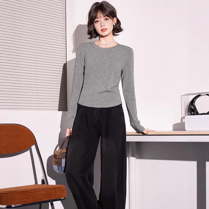 2025 Autumn Women's Round Neck Fishbone Shoulder Slimming Long Sleeve Top