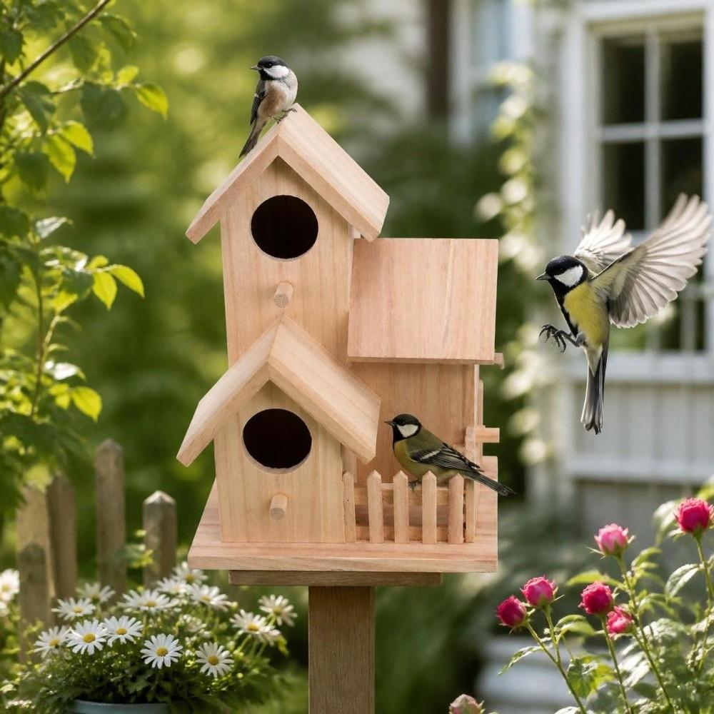1pcs 4 Hole Design Wooden Birdhouse Handmade Craft Garden Bird House DIY Craft Activity