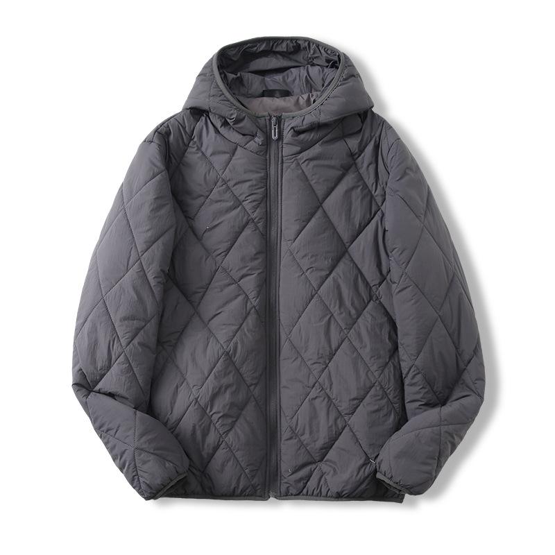 Men's Hooded Cotton Jacket with Mulberry Silk, Diamond Pattern, Winter Casual Outerwear.