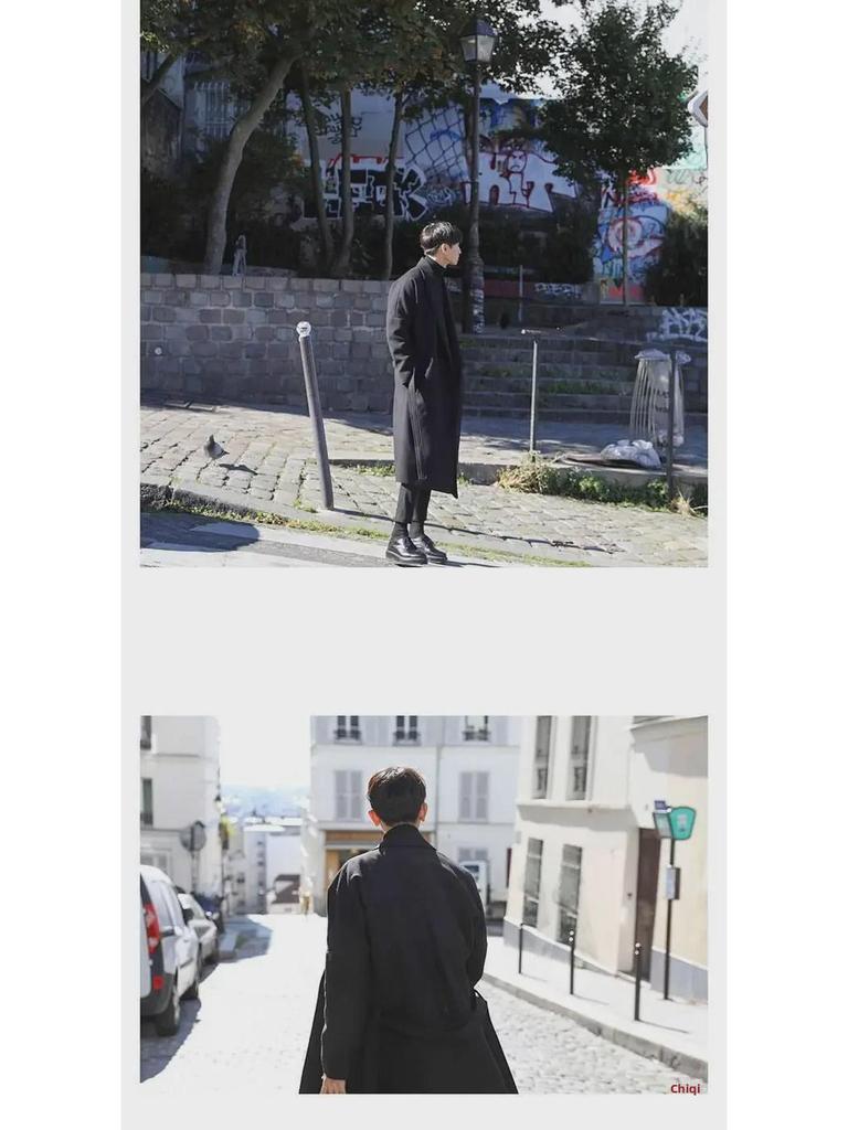 Pánský dlouhý vlněný kabát proti větru v korejském stylu