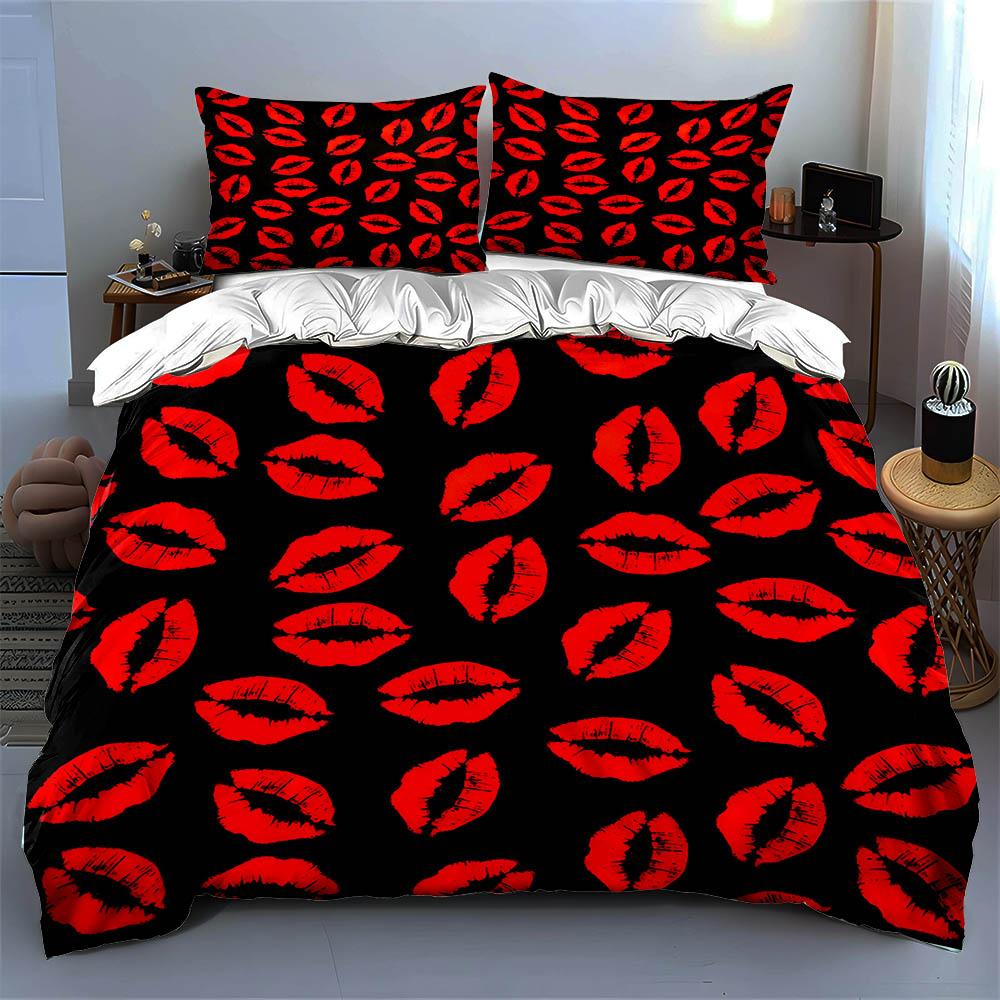 Red lip prints. Bedding Duvet cover sets Duvet covers Pillowcases gifts (1 * Duvet Cover 2 * Pillowcases, without duvet insert)