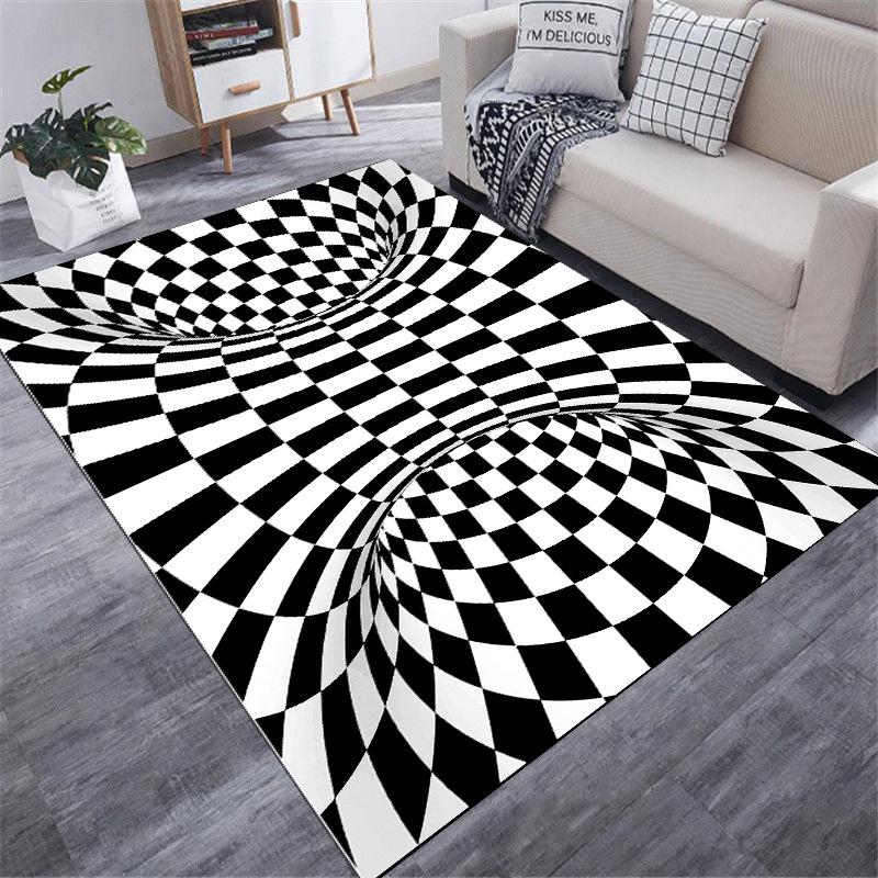 Checkered Carpet Black and White 3D Optical Illusion Print Living Room Decor Rug Geometric Pattern Non-slip Home Decor Mat