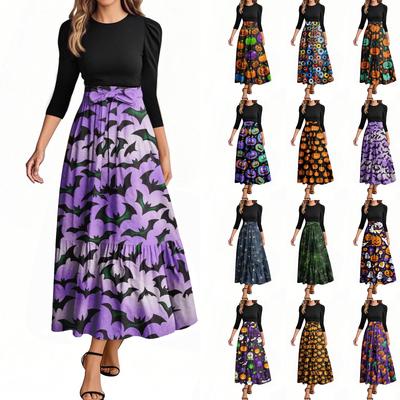 Women's Fashion Casual Belted Three-quarter Sleeve Round Neck Halloween Printed Elegant Temperament Dresses