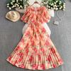 French light luxury heavy industry bead round neck lotus leaf sleeve dress women's summer waist thin pleated pendulum long skirt