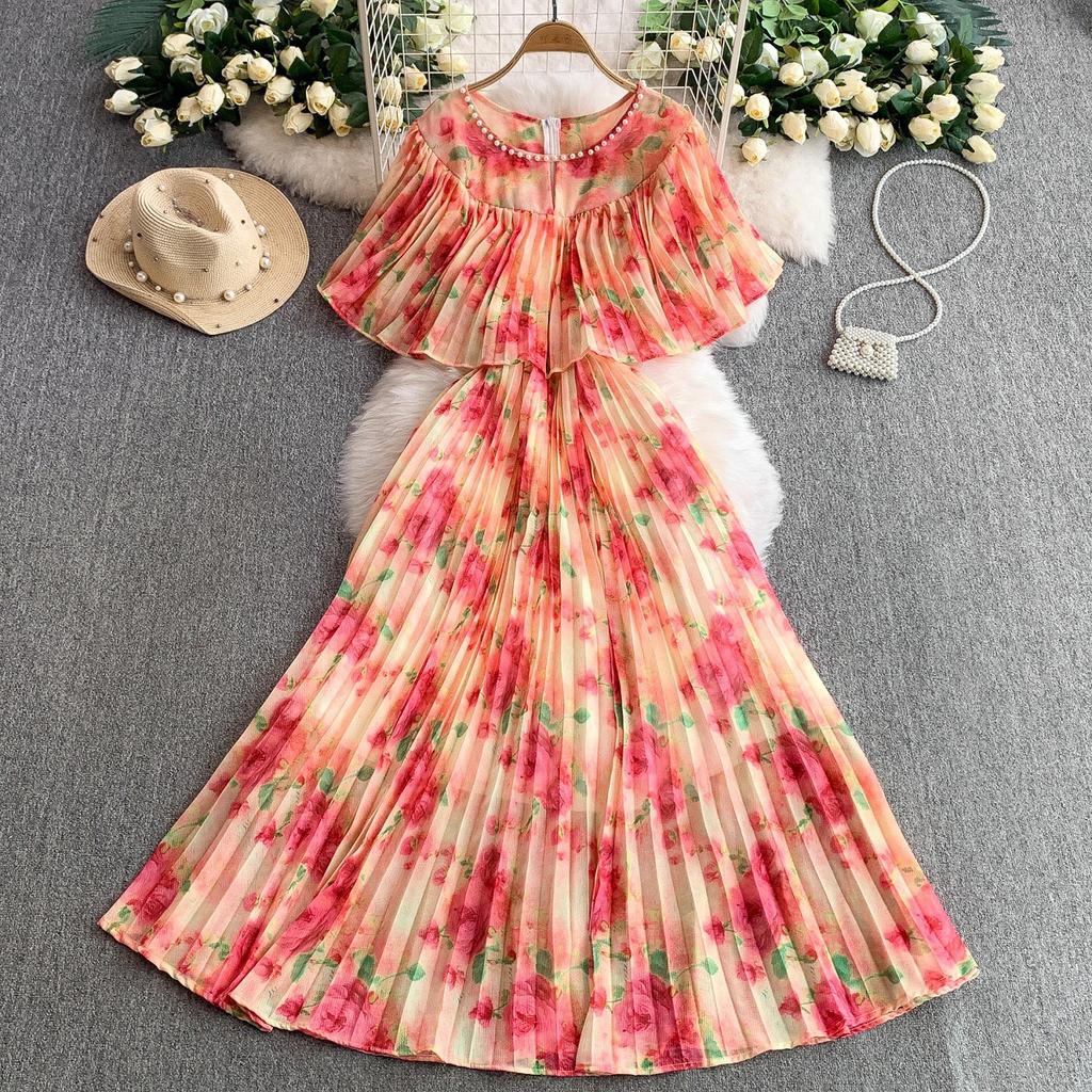 French light luxury heavy industry bead round neck lotus leaf sleeve dress women's summer waist thin pleated pendulum long skirt