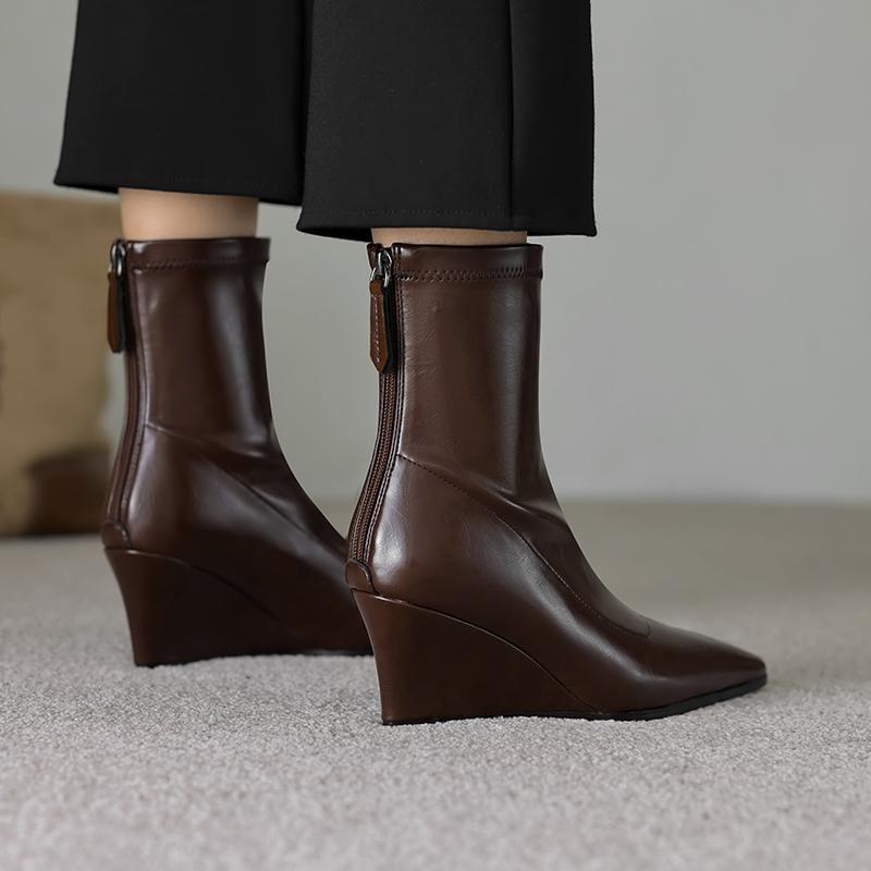 Fashion 2025 New Autumn Women Boots Pointed Toe Wedges Modern Boots Microfiber Women Shoes Short Boots High Heels Stretch Shoes