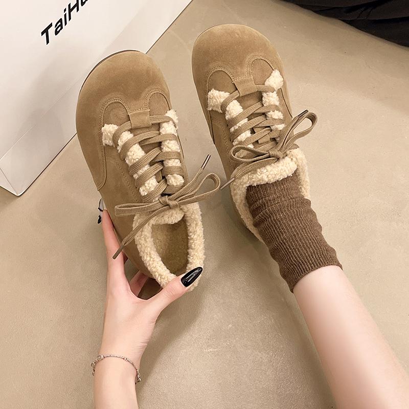 Women's Flat Cotton Boots Winter New Round Head Suede Front Lacing Soft Soles Non-slip Low-top Shoes