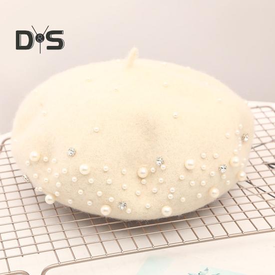 Baskenmütze für Damen, Kunstperlen, Strass-Dekor, Vintage-Wollmütze im englischen Stil, ohne Krempe, einfarbig, verstellbare Träger, Kürbismütze